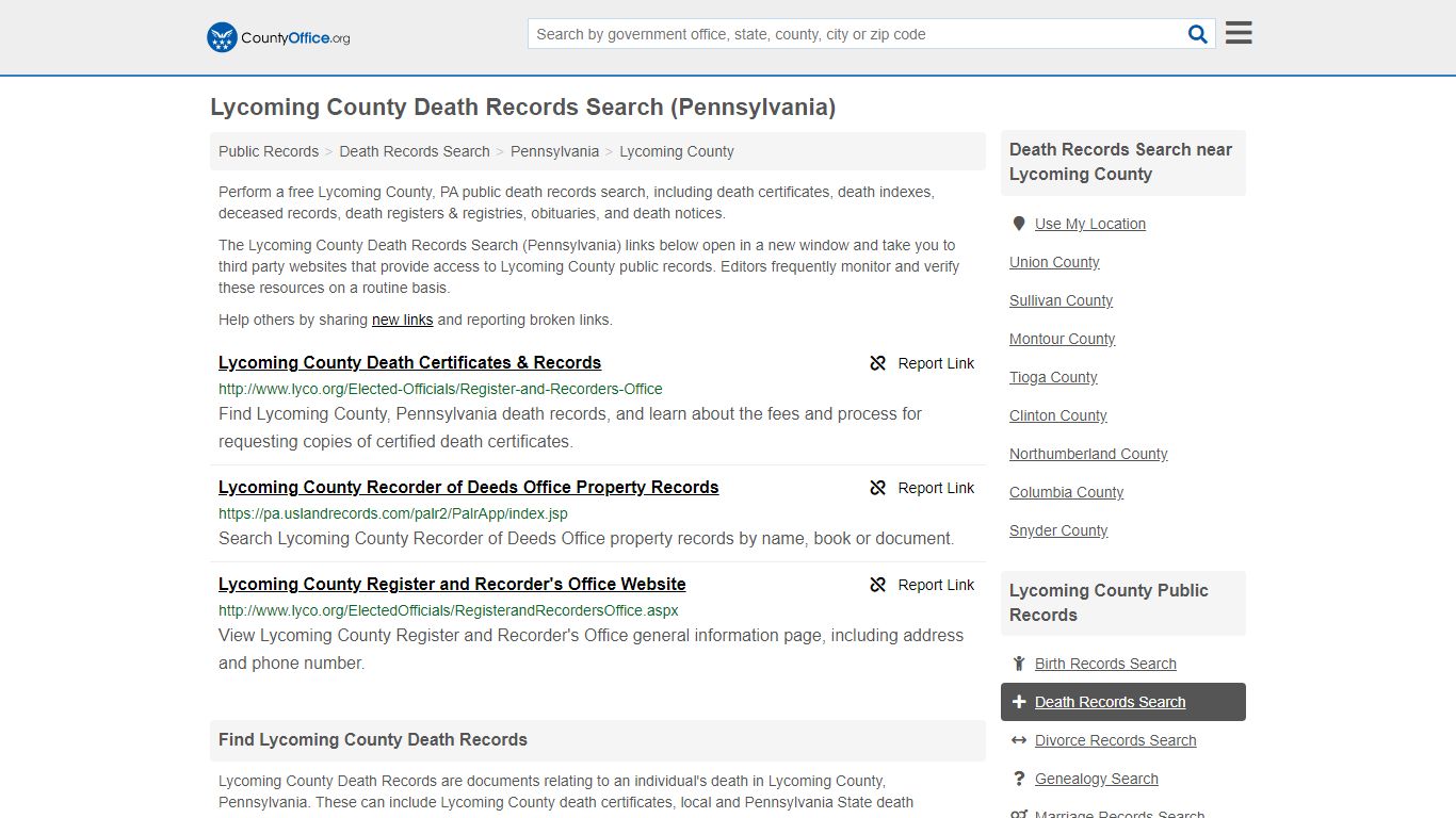Death Records Search - Lycoming County, PA (Death ...