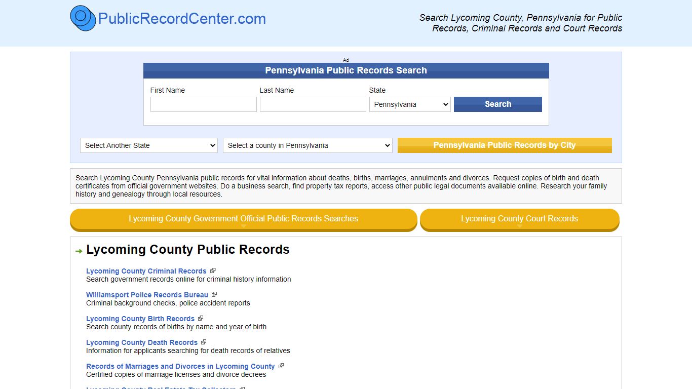 Lycoming County Pennsylvania Free Public Records - Court ...